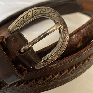 40” brown leather belt with braiding and western silver motif buckle j
